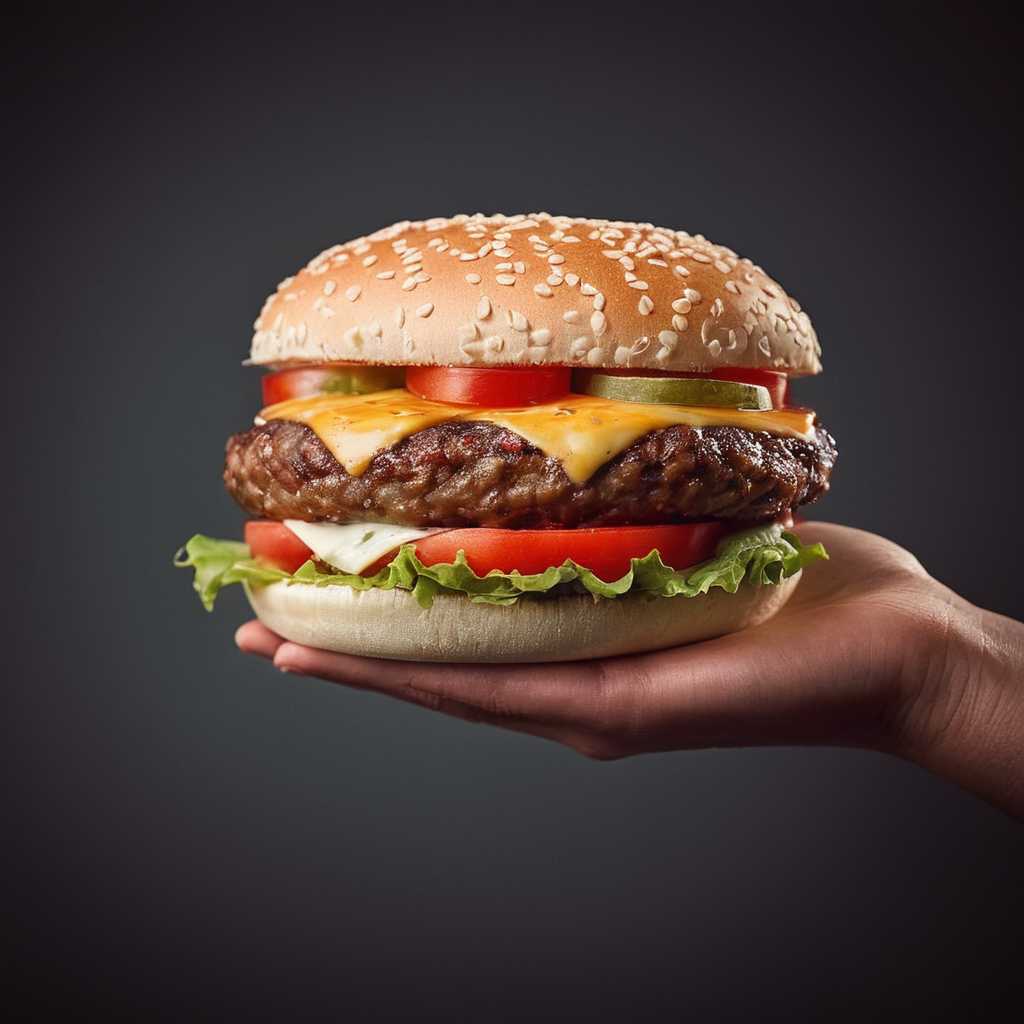 cinematic film still of  <lora:perfection style:0.1>
 <lora:detailed:0.3>
 <lora:Chiaroscuro Lighting Style:0.3>
 <lora:hand 4:0.3>
A perfect detailed photo of a person holding a hamburger with cheese and tomato, shallow depth of field, vignette, highly detailed, high budget, bokeh, cinemascope, moody, epic, gorgeous, film grain, grainy