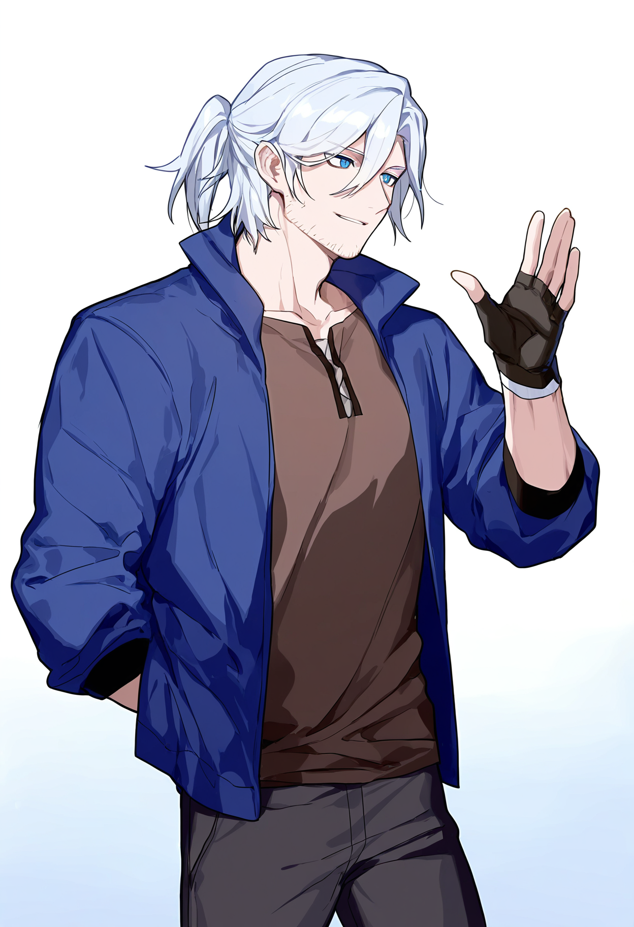 best quality,amazing quality,very aesthetic,absurdres,(/honkai impact 3rd/),(artist:ningen_mame:0.9),(artist:sho_(sho_lwlw):0.9),ask,1boy,qigefei,white hair,ponytail,blue jacket,blue eyes,brown shirt,fingerless gloves,male focus,mature male,stubble,pants,hand up,reaching,dynamic pose,dynamic expressions,solo,<lora:Siegfried_Kaslana:0.7>,cowboy shot,