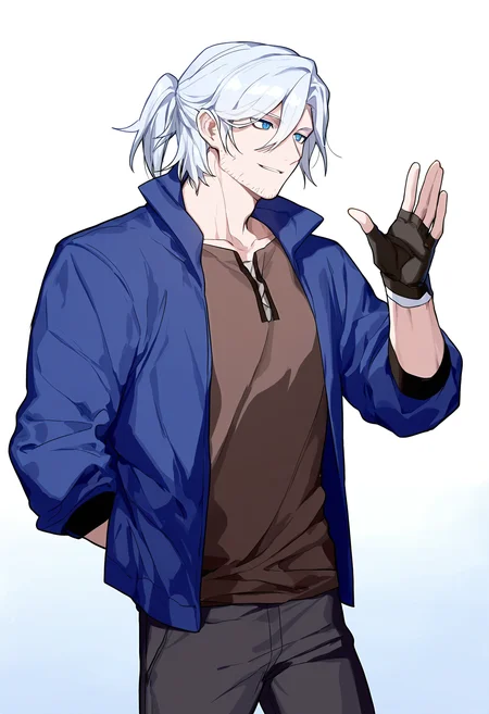 best quality,amazing quality,very aesthetic,absurdres,(/honkai impact 3rd/),(artist:ningen_mame:0.9),(artist:sho_(sho_lwlw):0.9),ask,1boy,qigefei,white hair,ponytail,blue jacket,blue eyes,brown shirt,fingerless gloves,male focus,mature male,stubble,pants,hand up,reaching,dynamic pose,dynamic expressions,solo,<lora:Siegfried_Kaslana:0.7>,cowboy shot,