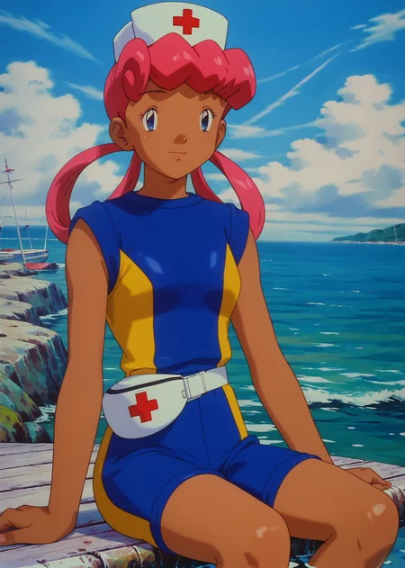 score_9, score_8_up, score_7_up, 1girl, solo, source_anime, pkmnjoy, hair rings, dark skinned female, wetsuit, sleeveless, nurse cap, blue eyes, pink hair, dark-skinned female, <lora:Nurse_Joy_-_Pokemon_anime_Orange_islands:1> sitting, by the sea,