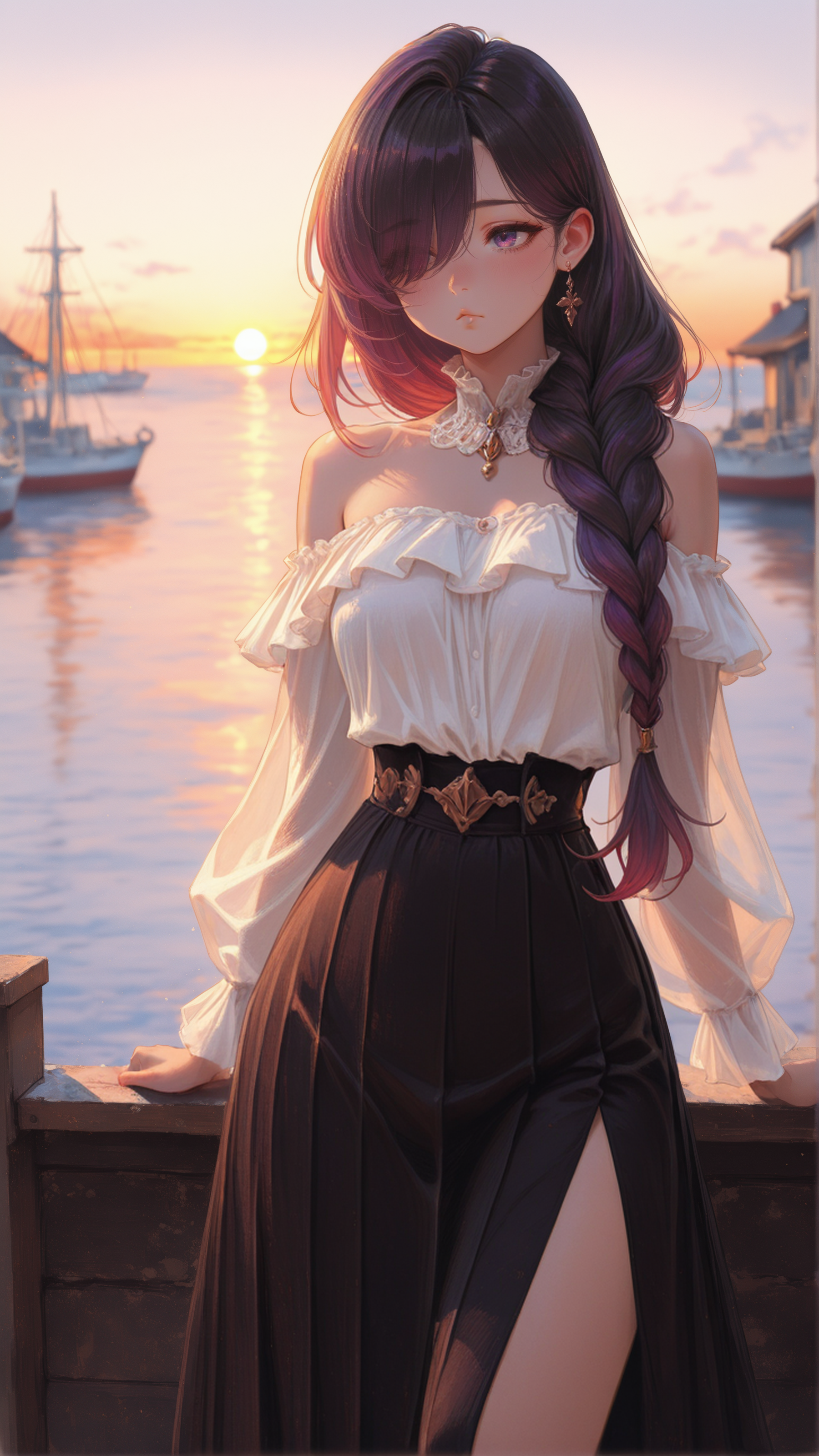 masterpiece, newest,absurdres,incredibly absurdres, best quality, amazing quality, very aesthetic,
1girl, harbor, sunset, long layered hair with side part and loose braid tucked behind ear, off-shoulder velcro top, high-waisted midi skirt with side slit, soft breeze, :/,
 <lora:[Cygames Mobage (Hideo Minaba Yuya Nagai Ryoji Ohara)] Granblue Fantasy Art Style Illustrious_1656091:1> granbluefantasysyleil  <lora:0__11Xx:1> 0__11Xx_illu
