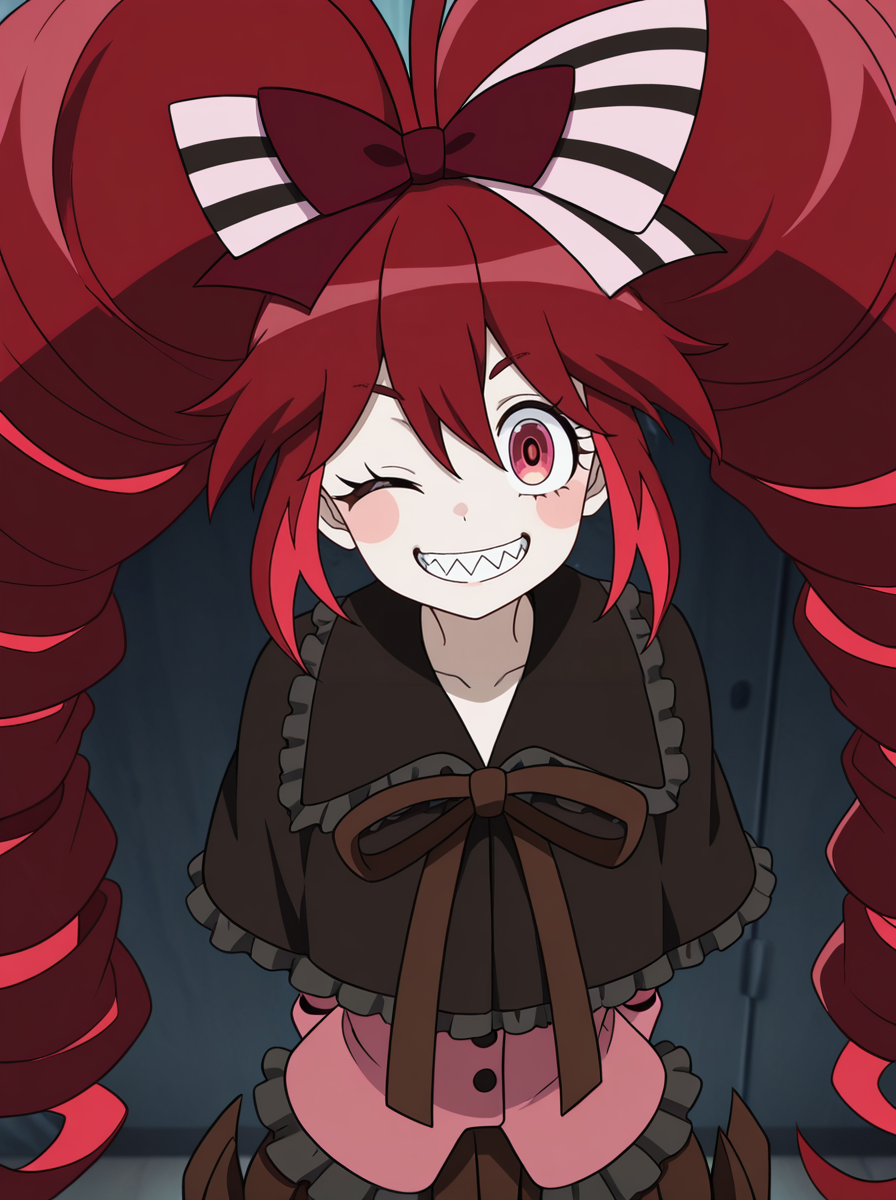 masterpiece, best quality, amazing quality, very aesthetic, absurdres, newest, anime screenshot anime coloring,  <lora:MichaJawkan:1>michajawkan, 1girl, solo, blush stickers, red hair, long hair, twin drills, teeth, sharp teeth, drill hair, red eyes, bow, joints, doll joints, antenna hair arms behind back,  wink smile,
