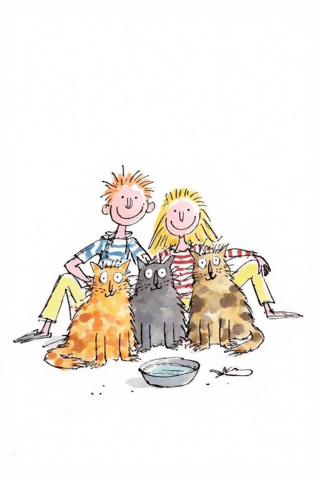 qub1 illustration.
A boy and a girl, sitting together with three cats. On the left is a boy has spiky orange hair. In the center is a blonde girl with long hair and wearing yellow pants. There is a bowl of water in front of the cats. <lora:qub1_cap_d6a3e12:1.0><lora:826976561350602567:0>