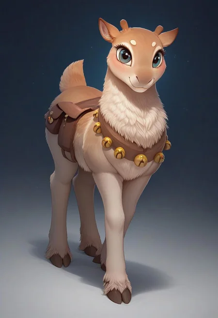 (ultra realistic, 32k, masterpiece:1.2), (high detailed skin:1.1), (high quality:1.1), source_furry,<lora:add-detail-xl:.5>, Furry, smooth image, score_7_up, score_8_up,score_9,perfect quality ,perfect shadows, perfect lighting, detailed body,detailed face,feral,reindeer, female, light Brown fur, seductive ,petite body,small woman,small antlers,cute,smile,safe,full body,