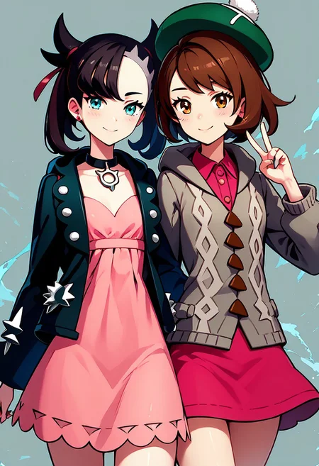 score_9, score_8_up, score_8, medium breasts, (curvy), cute, eyelashes,
BREAK,
blush, smile,
(2girls), zzMarnie, aqua eyes, red ribbon, black hair, pink dress, jewelry, black jacket, open clothes, long sleeves,
Gloria (pokemon), brown eyes, brown hair, short hair, green hat, grey cardigan, hooded cardigan, cable knit, pink dress, long sleeves, collared dress,
v, contrapposto, dynamic pose,
cowboy shot,
BREAK,
zPDXL, Expressiveh,