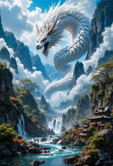 Create an amazing oil painting pic of the following situation: a giant white fog appears high above an asian landscape, some houses,a big white dragon, vivid natural colors, bright, amazing landscape, perfect composition, a rich and complex image of nature, a vibrant tissue of hues and textures captured digitally, best quality, double exposure, realistic, captivating, fantastical, splash art, intricately detailed, hyper detailed, maximalist style, photorealistic, concept art, sharp focus, harmony, serenity, calm, mysterious glow, dynamic lighting, masterpiece, superb composition, finest details, highest aesthetics, strong muted highlighter of fantastical beach rock scenery, mystical glow, best quality, sharp focus, high contrast, stylized, clear, colorful, ultra quality, 8k, best quality, masterpiece,midjourneyv6.1