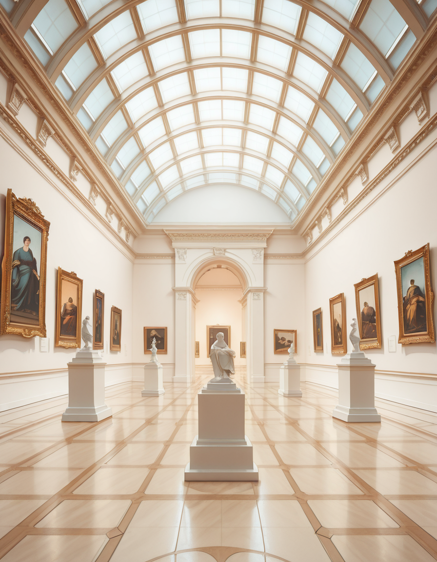 A high-resolution photograph of the interior of a grand art museum, featuring vast halls with high ceilings, intricate architectural details, and polished marble floors. The museum is illuminated by soft, natural light filtering through large arched windows, casting gentle shadows on the walls adorned with classical and modern paintings in ornate golden frames. In the center, a marble sculpture stands on a pedestal, surrounded by velvet ropes. Visitors walk around, some admiring the artwork, others engaged in quiet discussions. The atmosphere is serene and intellectual, with a warm color palette of beige, gold, and deep reds enhancing the elegance of the scene. The perspective is wide-angle, capturing the depth and scale of the museum, evoking a sense of awe and admiration.
<lora:SDXLFaeTastic2400:0.4> <lora:extremely_detailed:0.4> extremely detailed,art mus3um, <lora:art_mus3um-i:1>, Masterpiece,best quality,hi res,8k,hi res,8k,award winning,(sharp focus, intricate, highly detailed),