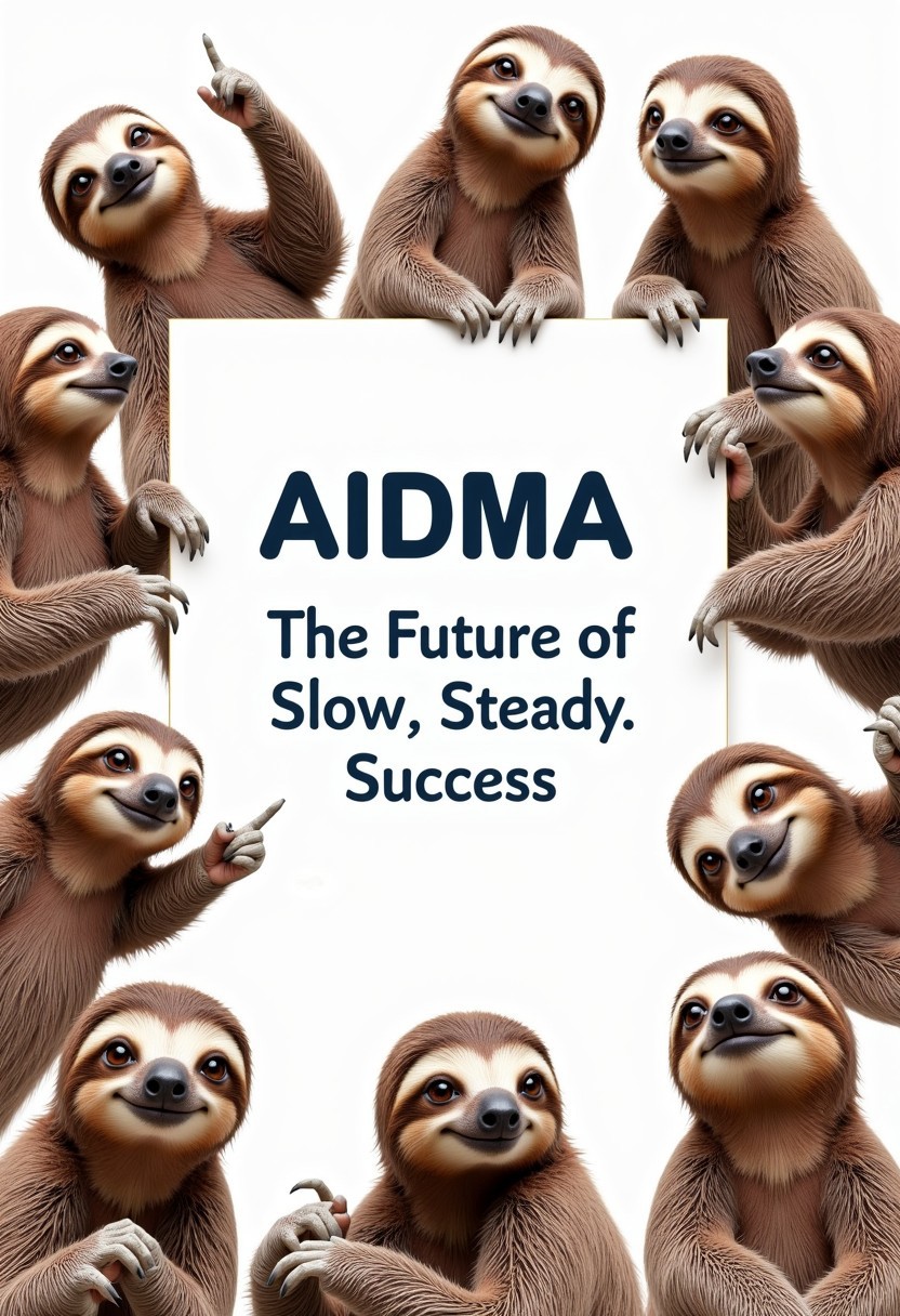 Professional presentation template with a background of sloths in various business poses, tagline: "AIDMA: The Future of Slow, Steady Success" displayed prominently.
,aidmaTextImprover