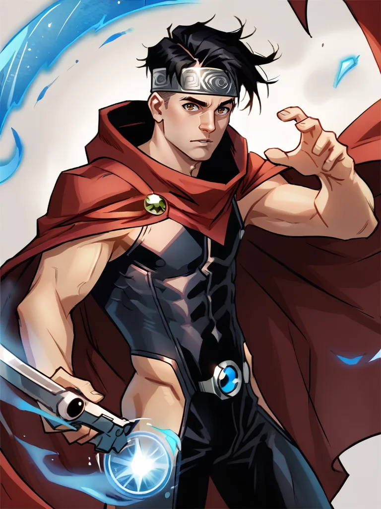cowboy shot of B_wiccan man, ((1boy)), black hair, undercut, brown eyes, red cloak, solo, silver headband, wielding blue magic, looking at viewer <lora:B_wiccan-000007:.8> <lora:Smooth Anime 2 Style SDXL_LoRA_Pony Diffusion V6 XL:.8>