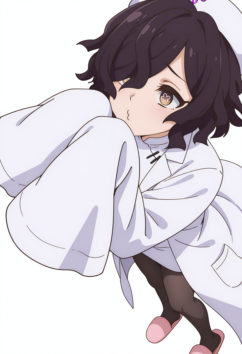 Smooth Quality,masterpiece,very intricate, high quality details, high detailed skin,detailed enviorement,absurdres, 
simple background, white background,dynamic angle,
 o3o,
 <lora:Kiclacnn:0.8>
Kiclacnn, 1girl, black hair, brown eyes, symbol-shaped pupils, short hair, hair over one eye, 
nurse cap, lab coat, slippers,black pantyhose, pink footwear, sleeves past wrists,