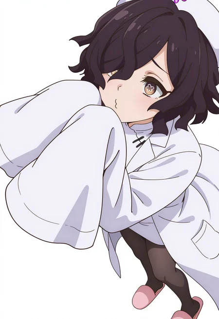 Smooth Quality,masterpiece,very intricate, high quality details, high detailed skin,detailed enviorement,absurdres,
simple background, white background,dynamic angle,
o3o,
<lora:Kiclacnn:0.8>
Kiclacnn, 1girl, black hair, brown eyes, symbol-shaped pupils, short hair, hair over one eye,
nurse cap, lab coat, slippers,black pantyhose, pink footwear, sleeves past wrists,