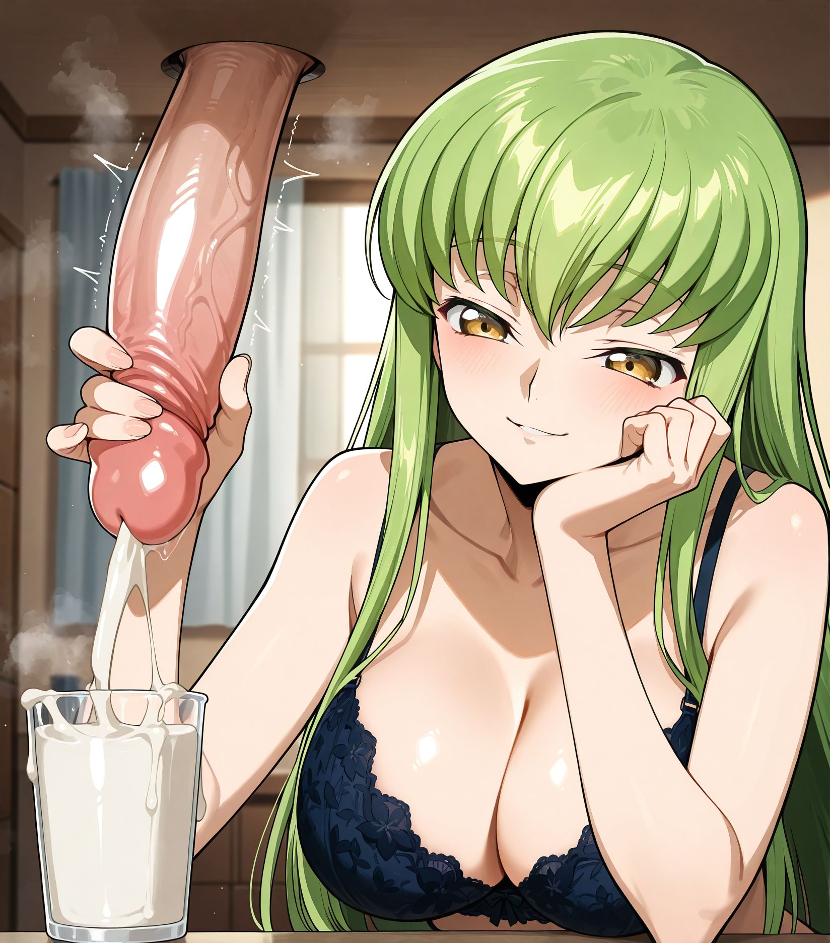 masterpiece, best quality, newest, absurdres, highres, detailed eyes, beautiful, detailed background, perfect eyes, anime coloring, anime screencap,
<lora:add-detail-xl:0.5>
<lora:Milking_Table:0.6> Milking_TableV1,bra, lingerie, steaming body,  cup on table,head rest, 
large erect penis protruding from an overhead glory hole in the upper wall,5 fingers, looking at penis,
1girl,cum in container,cum,penis,Handjob cumshot into a clear glass cup, cup under penis,blush, 
 semen shooting into a clear glass cup, milking motion,seductive smile, steam, milking handjob,
c.c., C.C. (character), 
code geass, 20YO,milf,official art,