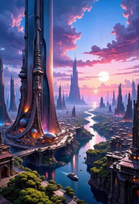 abstract painting, gradient vibrant neon colours, mythp0rt, best quality, masterpiece. A futuristic cityscape at dusk. The central focus is an immense, towering skyscraper with a sleek, reflective surface that reflects the soft, ambient light of the setting sun. The building's design is futuristic, with a tapering top and a complex, organic base that seems to blend seamlessly with the landscape. In the foreground, a serene river runs through a valley lined with lush, green trees. Bridges and elevated walkways connect the base of the skyscraper to the surrounding buildings. The buildings in the foreground are more modest in size, with a mix of glass and metallic facades, indicating modern architecture. In the background, the cityscape stretches into the distance, showcasing a variety of skyscrapers and high-rises, some of which are needle-like, indicating a focus on verticality and density. The sky is a gradient of deep blues and purples, with scattered, fluffy clouds casting shadows on the buildings below. The overall color palette is cool and serene, with the soft lighting enhancing the futuristic, utopian atmosphere of the scene. cinematic, Perfect Composition, yellow sphere on the background