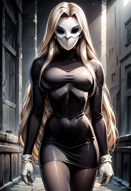 (fr0nt1nn0c3ntStyl3), (Style: Front Innocent), score, score_9, score_8_up, score_7_up, score_6_up, _5_up, score_4_up, source_anime, (masterpiece), high quality, 4k, Artist style: Bruce Timm, DCAU, DC comics, Western Comics, masked_woman, m4skedw0m4n, BREAK, 1woman, Calendar_Girl, pointy ears, (Page Monroe), long hair, blonde hair, skintight clothing, long-sleeved dress, black dress, black tights, petite, (white mask), (mask:1.6), (monochromatic outfit), gloves, (black eyes:1.5), (no eyes:1.4)