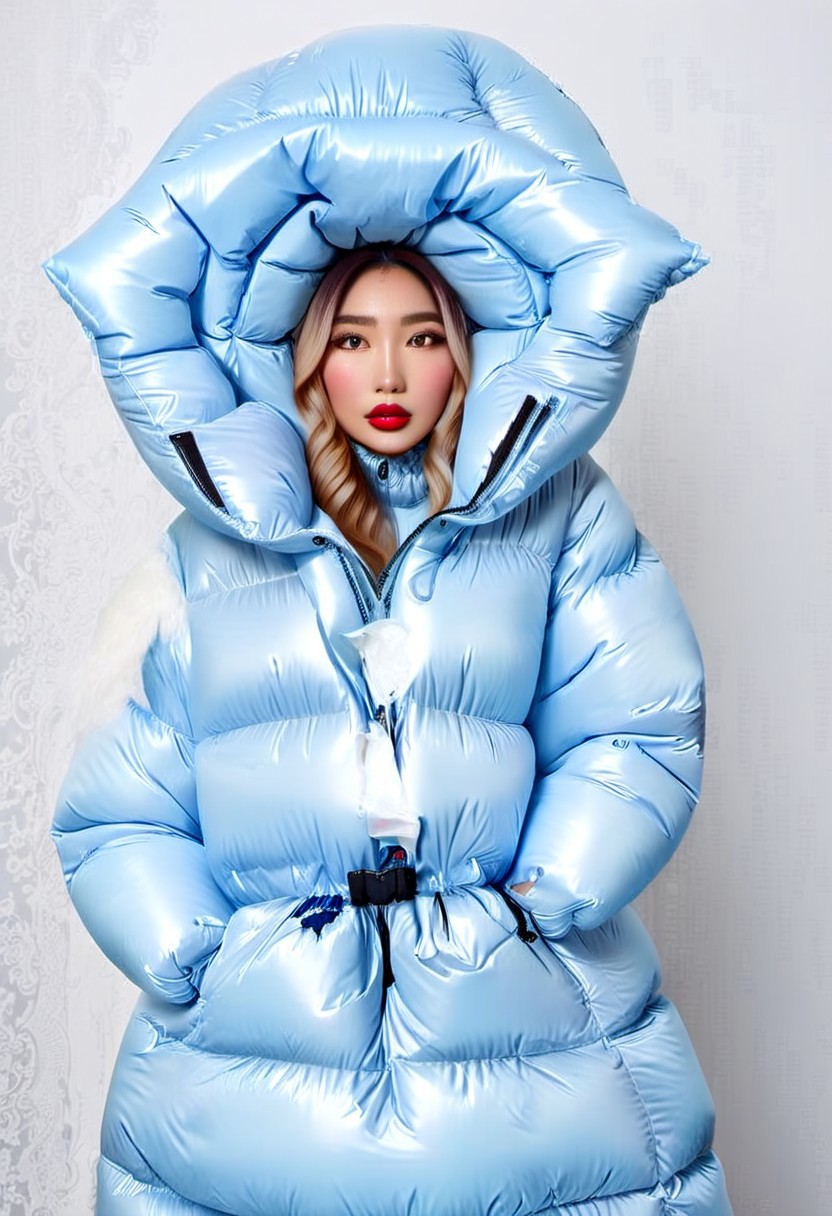 front very cute  stuning asian blond very curvy women wearing a light blue ((extra_puffy_coat))  ((extra_puffy_hood)((closed_hood)) ((fully_closed_coat)) ((no_open_coat)) ((fully_down_hooded)) ((very_high_collar)) ((down_mits))
,bustle slim adjusted downcoat,
light smile,high quality, best quality, beautiful lighting, realistic lighting, beautiful eyes, beautiful hair, beautiful face, detailed face, high quality face, realistic background, detailed background, padded cuffs, padded collar, 
long_legs, long_sleeves, lovely_eyes, dress, holding, jewelry,  frills, choker, high_neckbrace, lips, hand_fan, dress, realistic_up_hood
<lora:Puffer_Jacket_and_Down_Jacket_-_Extra_Puffy_Jackets:0.9>
 <lora:VictorianBustleDress:0.6><Lora:Parkasite-XL:1.0