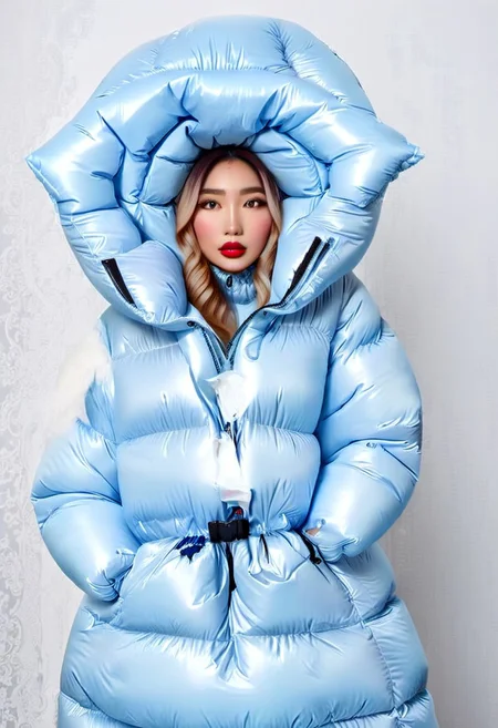 front very cute  stuning asian blond very curvy women wearing a light blue ((extra_puffy_coat))  ((extra_puffy_hood)((closed_hood)) ((fully_closed_coat)) ((no_open_coat)) ((fully_down_hooded)) ((very_high_collar)) ((down_mits))
,bustle slim adjusted downcoat,
light smile,high quality, best quality, beautiful lighting, realistic lighting, beautiful eyes, beautiful hair, beautiful face, detailed face, high quality face, realistic background, detailed background, padded cuffs, padded collar, 
long_legs, long_sleeves, lovely_eyes, dress, holding, jewelry,  frills, choker, high_neckbrace, lips, hand_fan, dress, realistic_up_hood
<lora:Puffer_Jacket_and_Down_Jacket_-_Extra_Puffy_Jackets:0.9>
 <lora:VictorianBustleDress:0.6><Lora:Parkasite-XL:1.0