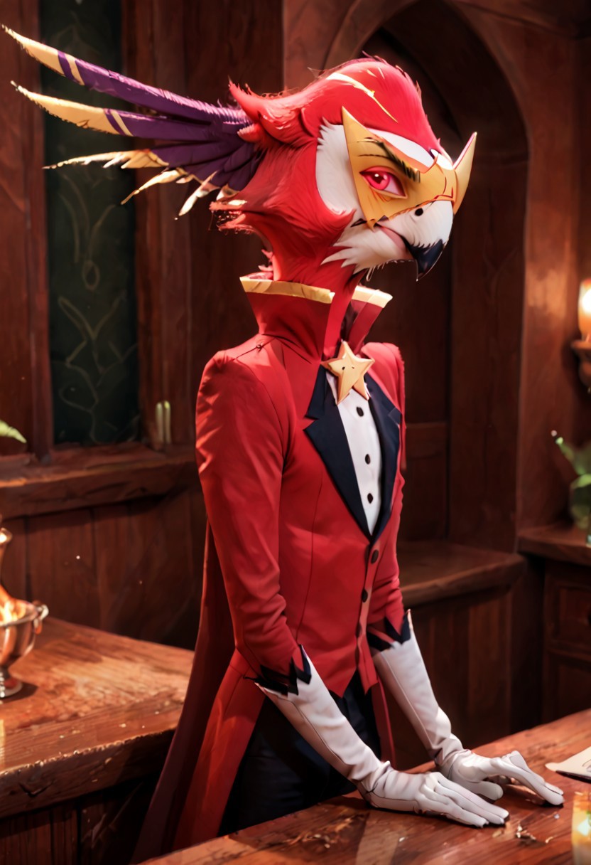 male focus, solo focus, solo, score_9, score_8_up, score_7_up, <lora:HelluvaBossVassagoV1:1> 1boy, HelluvaBossVassagoV1, bird, furry male, furry, bird, parrot, parrot head, beak, Furry Bird, feathers, white gloves, mask, looking at viewer, smile, happy,
