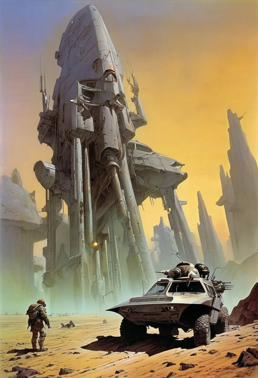 post-apocalyptic futuristic fantasy, style of stephen_hickman, (frank_frazetta:0.7), (wayne_barlowe:0.5), bruce_pennington, cinematic angle, great composition,, masterpiece, best quality, absurdres, ultradetailed