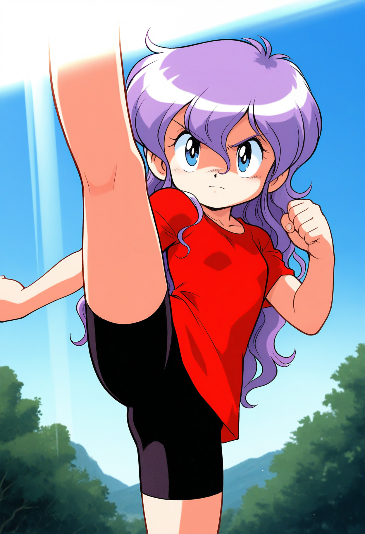 masterpiece,best quality,good quality,<lora:remy_IL:1>, remy, long hair, flat chest, purple hair, blue eyes, wavy hair, red shirt, bike shorts, bangs, small breasts,
looking at viewer, high kick, serious, 
day, light rays, outdoors,