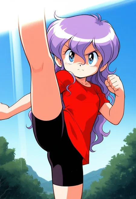 masterpiece,best quality,good quality,<lora:remy_IL:1>, remy, long hair, flat chest, purple hair, blue eyes, wavy hair, red shirt, bike shorts, bangs, small breasts,
looking at viewer, high kick, serious,
day, light rays, outdoors,