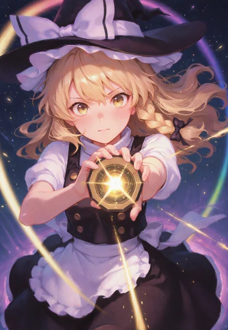 volumetric lighting, ambient occlusion, luminescent background, masterpiece, best quality, absurdres,masterpiece, best quality, very awa, absurdres,,mage,sparks 
BREAK
dynamic pose,dynamic angle, cinematic angle, looking at viewer, spell, rainbow, light particles
BREAK
kirisame marisa, 1girl, solo, yellow eyes, blonde hair, long hair, single braid, small breasts,witch hat, hat bow, white bow, hair ribbon, black ribbon, black shirt, white sleeves, short sleeves, waist apron, black skirt,mini-hakero, master spark, bloom,