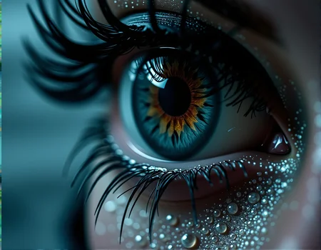 . A cinematic close-up of a womanâs eye with striking makeup, the lighting is soft and atmospheric, revealing the glistening details of water droplets in the scene, creating a powerful visual impact. , <lora:bv-close-up-enhancer.safetensors:1.0:1.0>