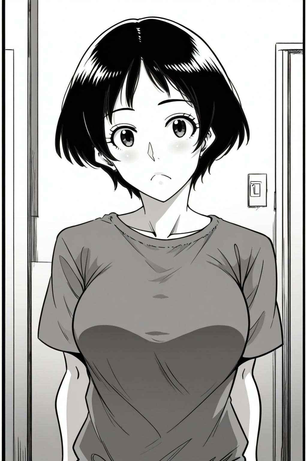 <lora:Hana_Hook-noriko:1>,noriko,1girl,solo,greyscale,short hair,breasts,shirt,upper body,looking at viewer,indoors