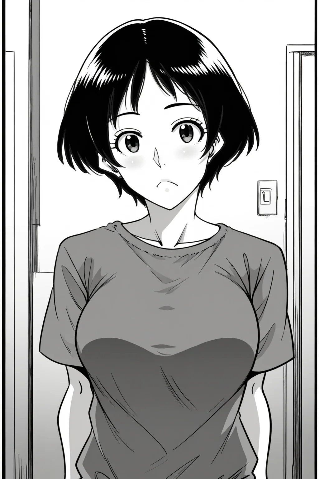 <lora:Hana_Hook-noriko:1>,noriko,1girl,solo,greyscale,short hair,breasts,shirt,upper body,looking at viewer,indoors