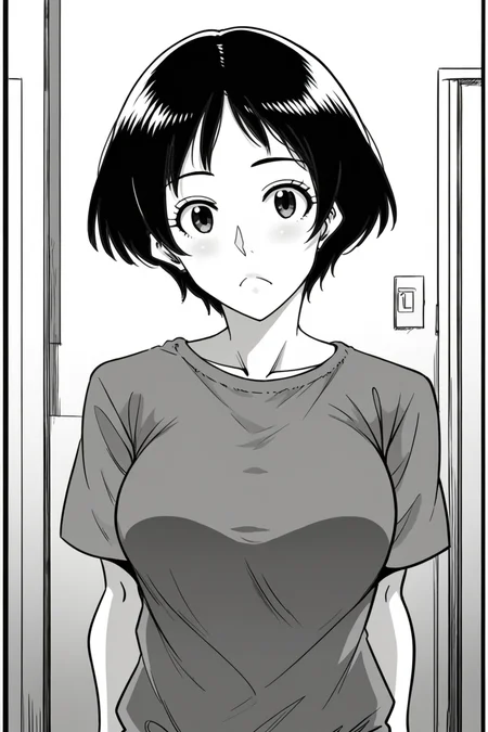 <lora:Hana_Hook-noriko:1>,noriko,1girl,solo,greyscale,short hair,breasts,shirt,upper body,looking at viewer,indoors