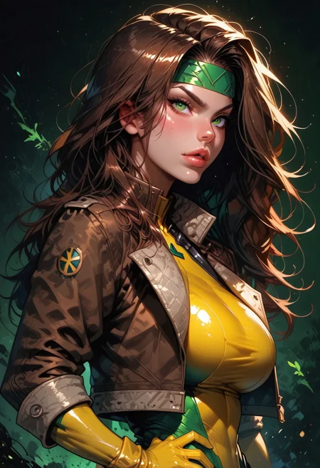 safe_pos, score_9, score_8_up, score_7_up, masterpiece, best quality, Flint_SR_Style
BREAK 
1girl, solo, up, RogueXMXL, green eyes, brown hair, two-tone hair, long hair, headband, large breasts, round breasts, cropped jacket, brown jacket, sfw, yellow gloves, yellow boots, yellow-green bodysuit, perfect anatomy
BREAK 
 side view, textured skin, green background, medium long shot 
BREAK
Posing sexy, hand on hip,