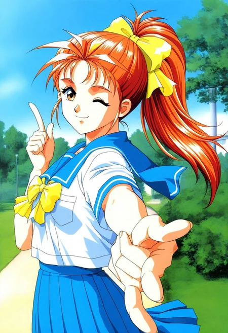 <lora:Saotome_Yumi_PONYXL:1>, general,highres, ultra-detailed,very aesthetic,masterpiece, best quality, 1990s (style),1girl, solo,
Saotome_Yumi, brown eyes, orange hair, hair bow, high ponytail, long hair, small breasts,
closed mouth, happy, smirk,
blue school uniform, serafuku, jewelry, yellow bow, Yellow bow, blue skirt, blue sailor collar, white shirt, pleated skirt, short sleeves, outdoor, tree, sky,one eye closed, pointin