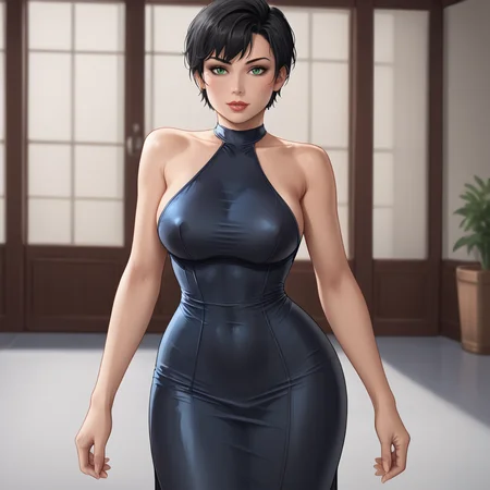 <lora:catwomanarkhamcity_pony_v1:.7>CatwomanArkhamCity, 1girl, solo, black hair, large breasts, green eyes, short hair,  curvy, cowboy shot,  <lora:0932 Home wear 9_v1_pony:1> ruanyi0932,blue dress,halter dress,sleeveless,cowboy shot,taut dress,skin tight,long dress