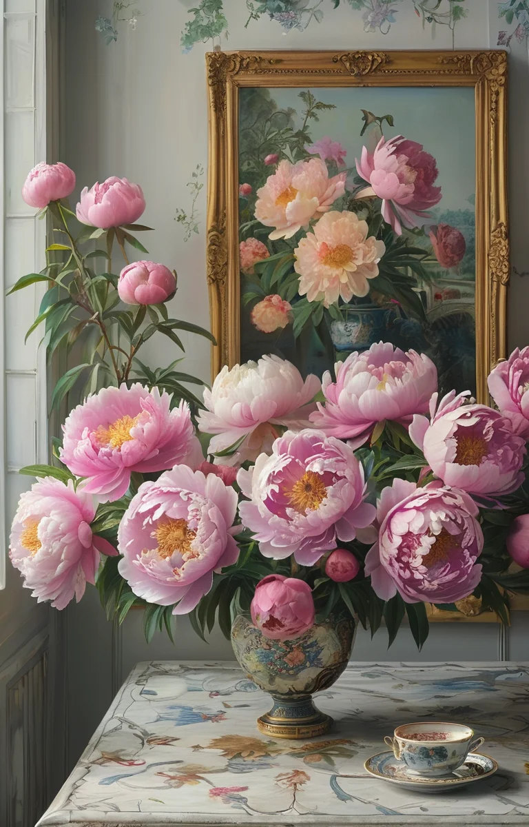 masterpiece,best quality,<lora:tbh343-sdxl:0.75>,illustration,style of Mario Buatta decaying peonies