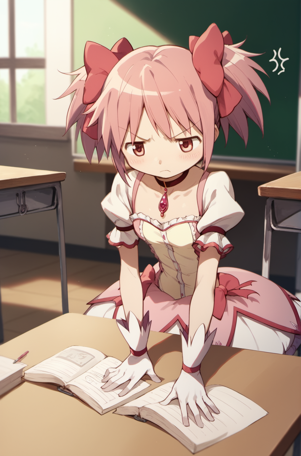 madoka \(Puella Magi Madoka Magica\),1girl,magical girl,madokamagic,official style,annoyed,<lora:madoka_pony_v2:0.8>,classroom,, score_9,score_8_up,score_7_up,score_6_up,score_5_up,score_4_up,