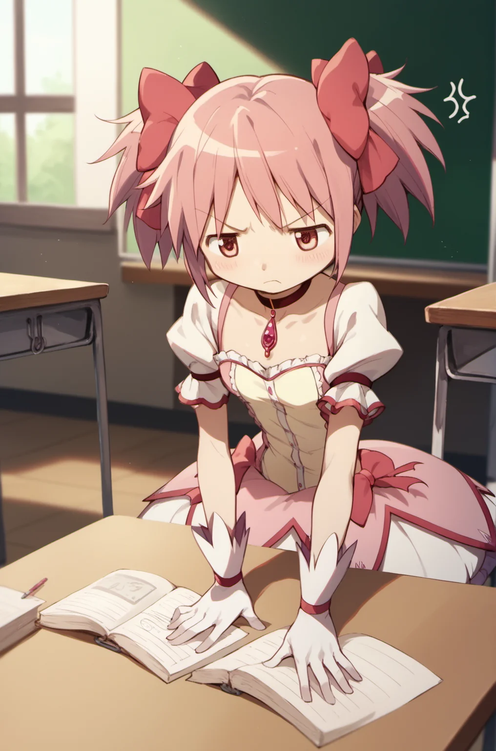 madoka \(Puella Magi Madoka Magica\),1girl,magical girl,madokamagic,official style,annoyed,<lora:madoka_pony_v2:0.8>,classroom,, score_9,score_8_up,score_7_up,score_6_up,score_5_up,score_4_up,