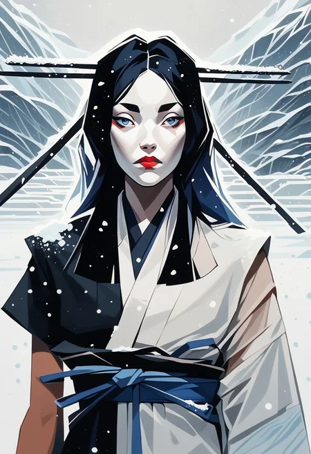score_9,score_8_up,score_8,score_9,(((pastel colors, high contrast,expressiveh,solo focus, ))), (1girl)  rimlight, African, dark skin, White face, Kuroku, white Japanese clothes, white clothes, white background, long hair, black hair, red lipstick, hair ornament, museum background, blue sash, kimono, holding kunai, one sleeve,  snowing, large blue eyes, one sleeve,museum, curvy, wide hips, gorgeous face,