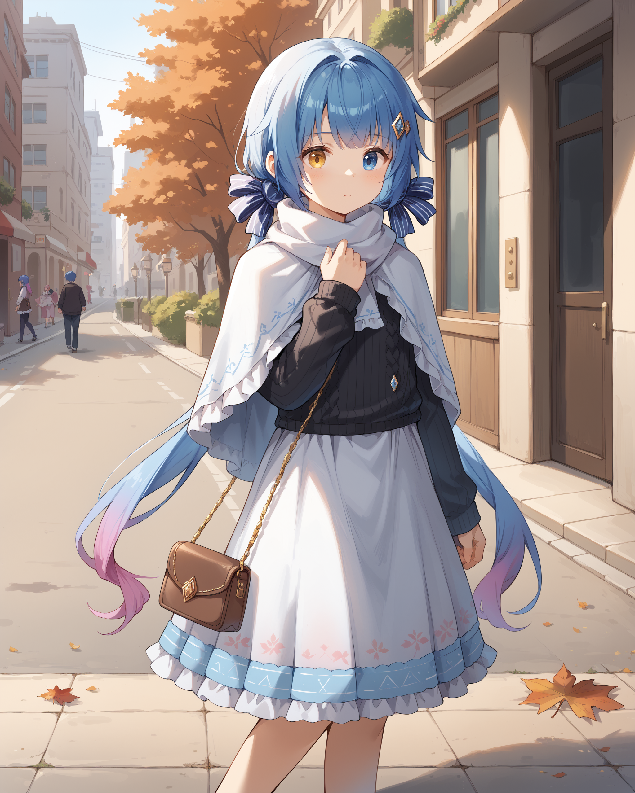 score_9, score_8_up, score_7_up, source_anime, <lora:spp-1v101e18:1> SPP-1, 1girl, solo, long hair, blue hair, low twintails, gradient hair, pink hair, blue eyes, heterochromia, yellow eye,
diamond hair ornament, blue hair ribbon, white scarf, white capelet, black sweater, long sleeves, white skirt, frilled dress, ribbon-trimmed clothes, fur-trimmed dress, brown handbag,
walking, autumn, street, sidewalk, looking afar, hand on chest,