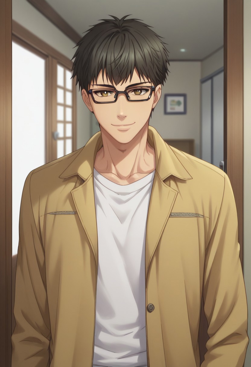 score_9, score_8_up, score_7_up, source_anime, highly detailed, slender, skinny
shimakaido, 1boy, male focus, glasses, solo, looking at viewer, shirt, black hair, upper body, jacket, door, white shirt, indoors, black-framed eyewear, smile, closed mouth