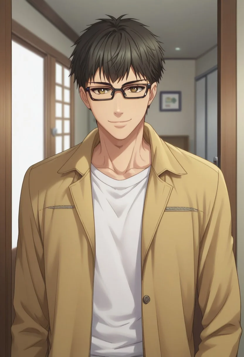 score_9, score_8_up, score_7_up, source_anime, highly detailed, slender, skinny
shimakaido, 1boy, male focus, glasses, solo, looking at viewer, shirt, black hair, upper body, jacket, door, white shirt, indoors, black-framed eyewear, smile, closed mouth