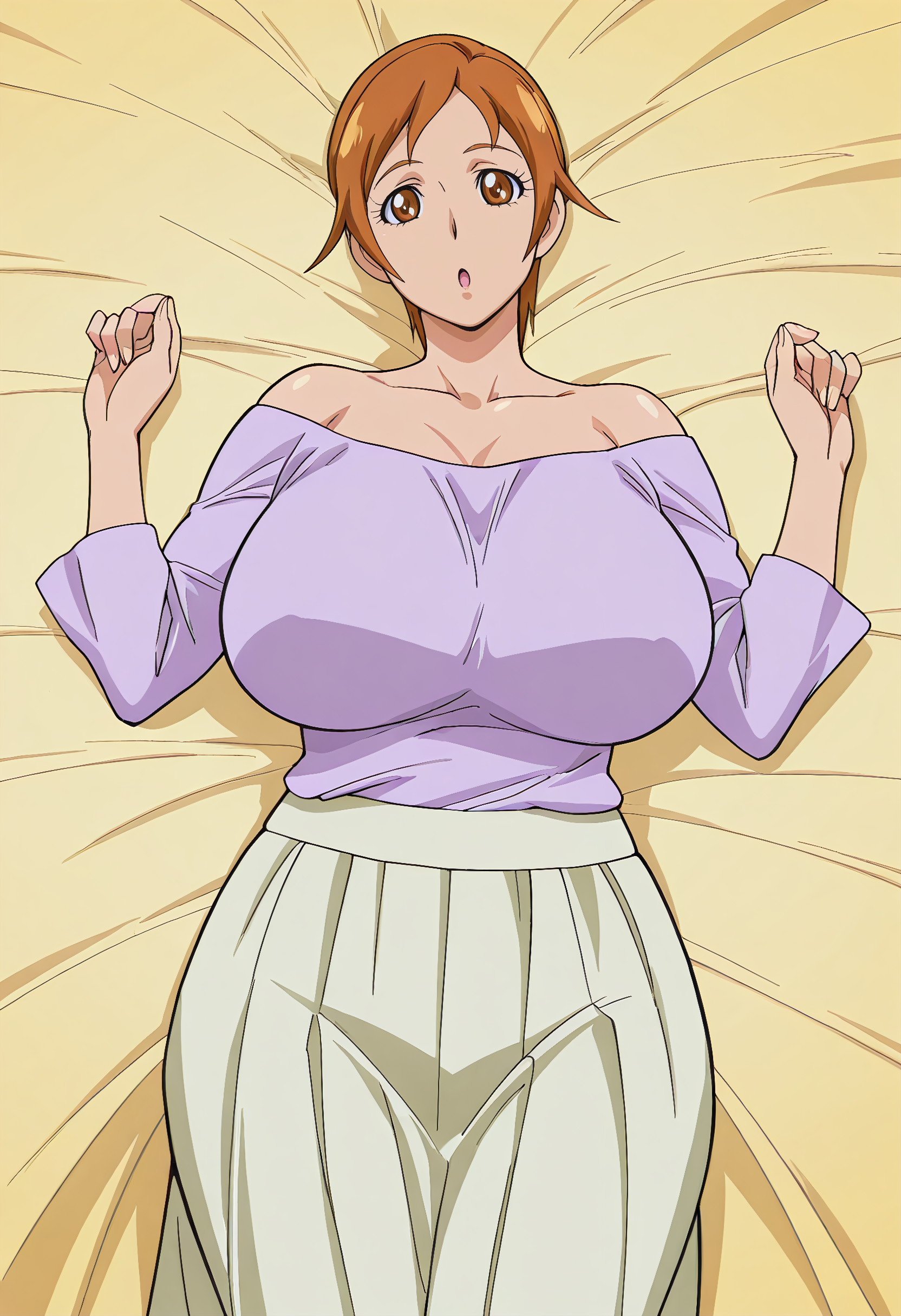 highres, ultra-detailed,very aesthetic,best quality 5 fingers,BREAK
 (anime coloring:0.8)  , (cirima:0.4),     
 huge breasts  wide hips, thick thighs,  mature female, 1girl,
aidaayumi, short hair,   brown hair ,brown eyes, off-shoulder shirt,long skirt
nude, lying, on back,  :o
 