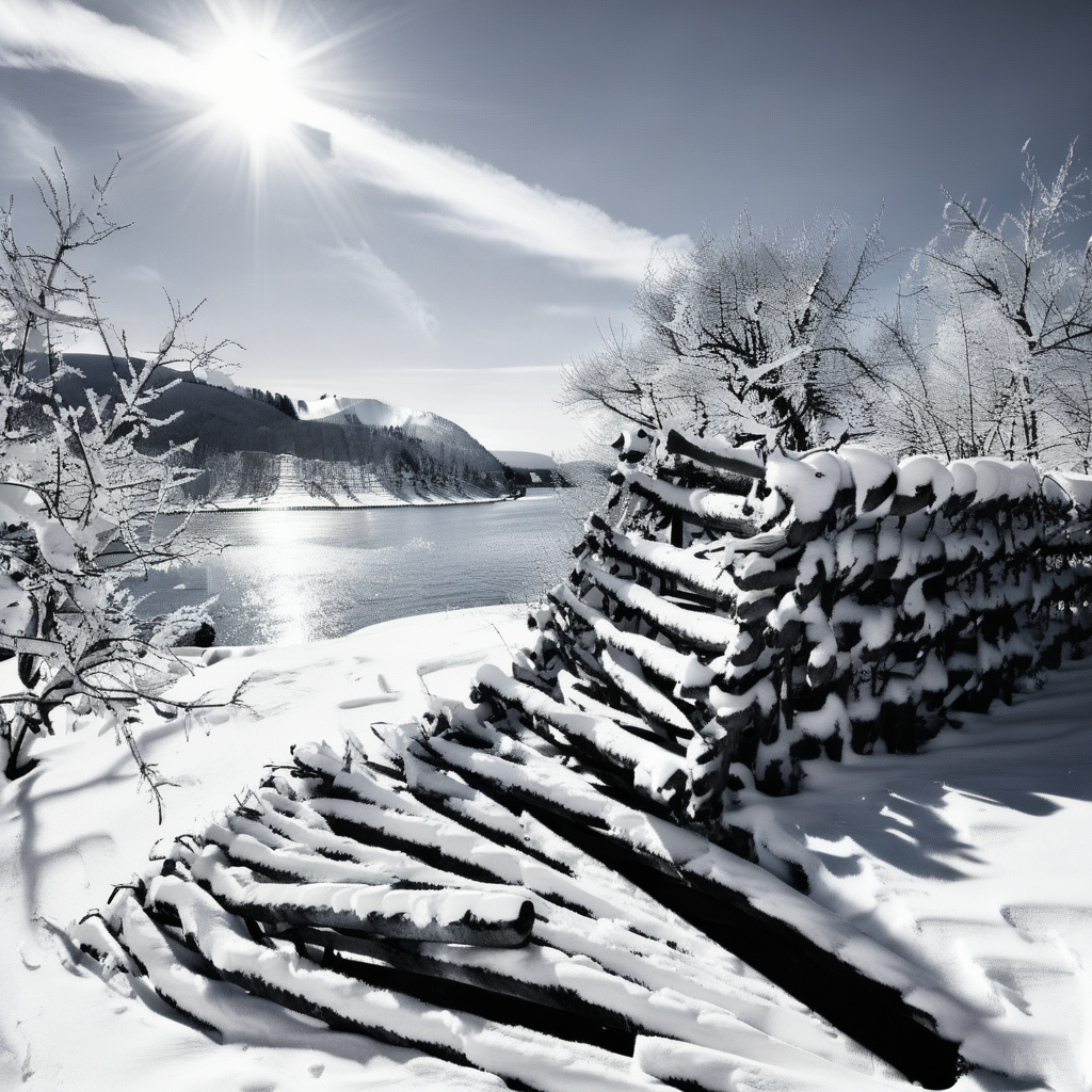 mountain, water, cloudy sky, stairs, sun, winter, snow, bare tree, monochrome