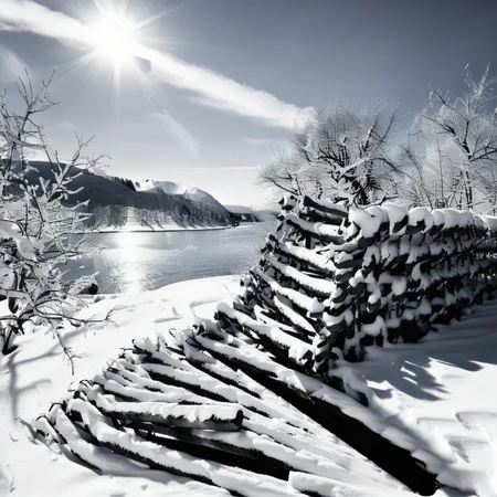 mountain, water, cloudy sky, stairs, sun, winter, snow, bare tree, monochrome