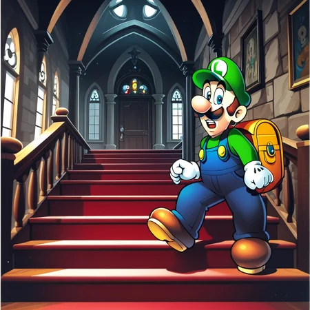 score_9, score_8_up, score_7_up, (Luigi:1), blue overalls, green shirt, solo, poltergeist backpack, haunted mansion interior, dark, spooky, wooden walls, red carpet, staircase, scared, rating safe, (official Nintendo artwork, full body:1), indoors, interior