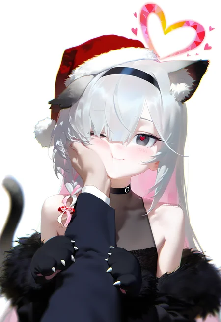 nyalia,
1girl, animal hands, plana \(blue archive\), black dress, heart, halo, pov hands, black eyes, paw gloves, santa hat, red hat, pov, gloves, black hairband, long hair, cheek squash, hand on another's face, red halo, (heart-shaped halo:1.1), cat paws, hand on another's cheek, black choker, fur trim, hairband, symbol-shaped pupils, one eye closed, colored inner hair, braid, hair over one eye, multicolored hair, choker, looking at viewer, single braid, solo focus, pink hair, white background, white hair, simple background, heart-shaped pupils, blush, red pupils, 1boy, upper body, closed mouth, bare shoulders, pink pupils, pink halo, tail, cheek press, cat tail, off shoulder, black gloves, 1other, two-tone hair, alternate costume, smile, animal ear fluff, sensei \(blue archive\), black coat, grey hair, long sleeves,
, masterpiece, best quality, good quality,
<lora:ai_styles_collection_noob_vpred-1.0-v5:1>