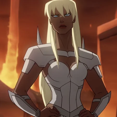score_9, score_8_up, score_7_up, 1girl, solo, lipstick, blonde hair, long hair, blue eyes, breast, armor, pelvic curtain, Gilotina (dc), looking at viewer, indoors, volcano, cleavage, hands on hips, cartoon_screencap