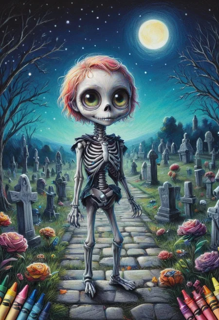 cr4yon, cute skeleton, colorful, crayon drawing, big eyes, set in a cemetery at night, under the moonlight, ,Masterpiece,best quality, photo, realistic, very aesthetic <lora:Colorful_Crayons:1>