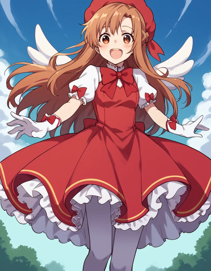 score_9, score_8_up, score_7_up, source_anime, asunayuuki, <lora:asuna-yuuki-s1-ponyxl-lora-nochekaiser:1>, asuna yuuki, long hair, brown hair, brown eyes,, <lora:sakura-kinomoto-cosplay-ponyxl-lora-nochekaiser:1>, sakurakinomotocosplay, kinomoto sakura \(cosplay\), bow, bowtie, dress, gloves, hat, magical girl, pantyhose, petticoat, ppuffy short sleeves, puffy sleeves, red bow, red bowtie, red dress, red hat, short sleeves, white gloves, white pantyhose, white wings, wings,, outdoors, open mouth, blush, smile, flying,, cowboy shot, dutch angle, solo,