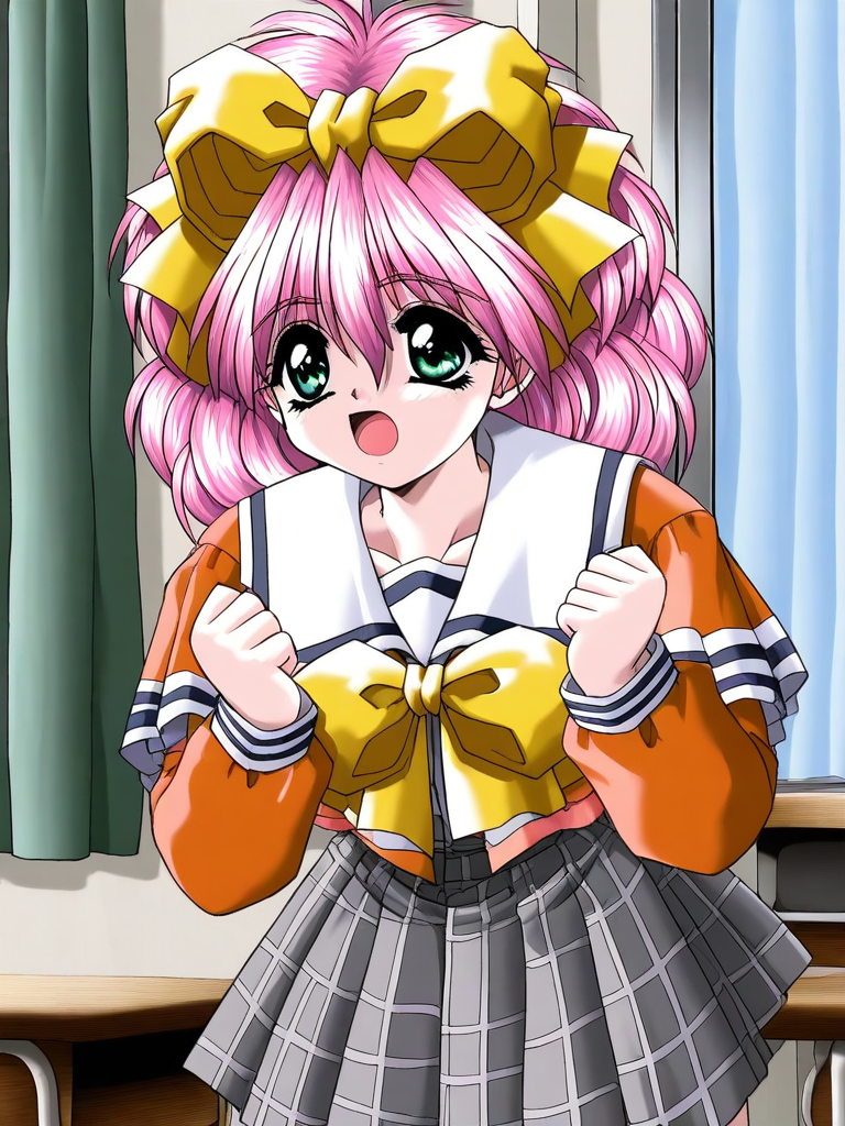 general,highres, ultra-detailed,very aesthetic,best quality ,best hands, BREAK <lora:Kanzaki_Suzu_Akumu_AoiKajitsunoSange_IS:1>
Kanzaki_Suzu, 1girl, solo, pink hair, medium hair, yellow bow, green eyes, hair bow, short,
school uniform, gray plaid skirt, white and black skirt, orange sleeve,
afraid,
open mouth,
class room, curtain,