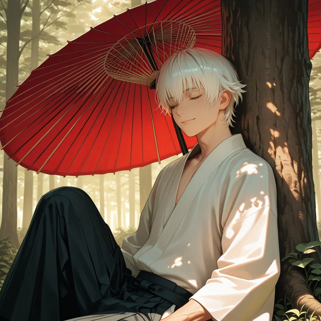 masterpiece, best quality, amazing quality, absurdres, newest, detailed background, definition so sharp, Ultra-HD, 8K cinematic, very awa, impressionate, amazing quality, highres,
solo, male focus, manly,
yashiroisana, 1boy, short hair, bangs, shiro_white hair, shiro_brown eyes, oil-paper umbrella, sitting, leaning against a tree, light smile, closed eyes, calm, forest, dappled light, sunbeams, aesthetic, serene, joyful, peaceful