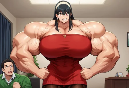 score_9,score_8_up,score_7_up,score_6_up,source_anime, studio lighting, masterpiece, high quality, clear image, anime screencap, hetero, femdom, trampling, bdsm, abuse, forced, best quality, perfectly detailed eyes,
1girl (yor briar, black hair, red eyes, earrings, white hairband, hairband, long hair, sidelocks, bare shoulders, collarbone, dress, long sleeves, off shoulder, off-shoulder dress, off-shoulder sweater, pantyhose, red sweater, sweater, sweater dress, thighs, tall, huge breasts:1.6, huge muscles, (gigantic muscles:1.8), smug expression, dominant, flexing, stands on guy, tramples guy, stomps guy, heel is pressed into slave's body),
BREAK
1guy (green suit, short blonde hair, short, very skinny, shocked expression, submissive, no muscles, male, head facing up,)